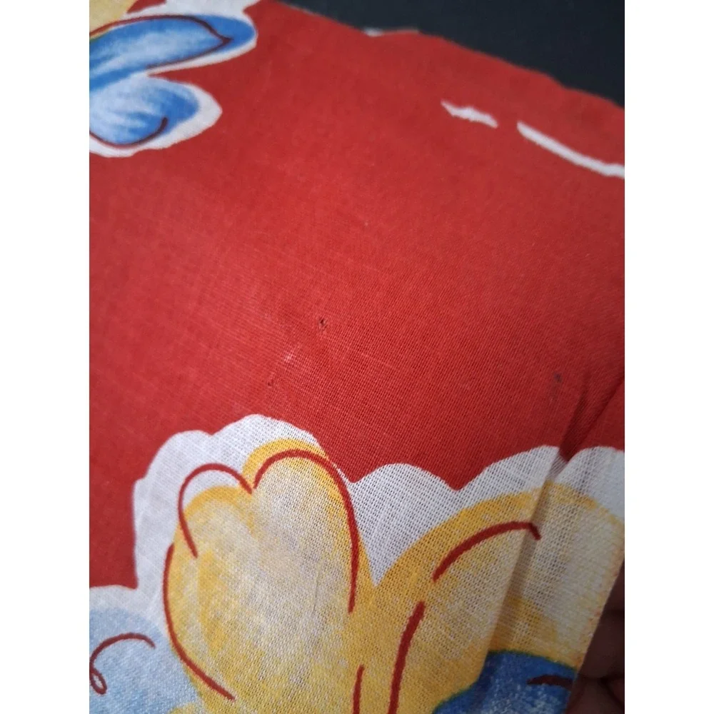 Vintage Ameritex Fabric Red w/ Blue White Florals Cotton Fabric MCM 54 Inches